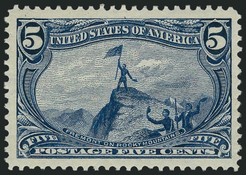 5c Trans-Mississippi (288).> Mint N.H., Jumbo margins and well-centered, strong color and fine impression<><>^EXTREMELY FINE. ONE OF THE WIDEST-MARGINED EXAMPLES OF THE 5-CENT TRANS-MISSISSIPPI KNOWN IN MINT
NEVER-HINGED POST OFFICE CONDITION.^<><