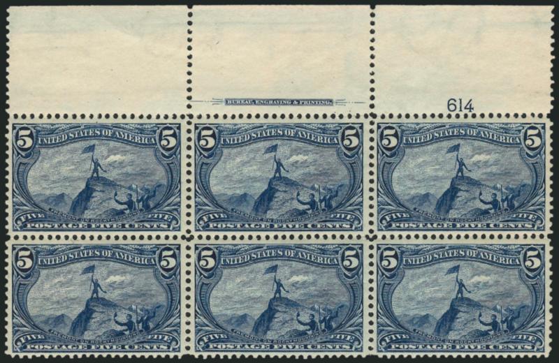 5c Trans-Mississippi (288).> Mint N.H. top imprint and plate no. 614 block of six with wide selvage, beautiful rich color and bright fresh paper<><>^EXTREMELY FINE IMPRINT AND PLATE NUMBER BLOCK OF SIX OF THE
5-CENT TRANS-MISSISSIPPI ISSUE. TOP PLA