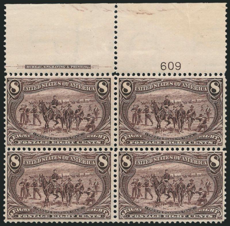 8c Trans-Mississippi (289).> Mint N.H. top imprint and plate no. 609 block of four with wide selvage, dark shade, right pair faintly creased from handling, otherwise Fine-Very Fine