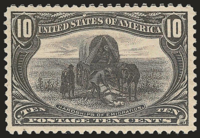 10c Trans-Mississippi (290).> Original gum, lightly hinged, uncharacteristically wide margins and choice centering, intense color and fine impression, Extremely Fine, with 2008 P.S.E. certificate (XF 90 SMQ
$380.00)