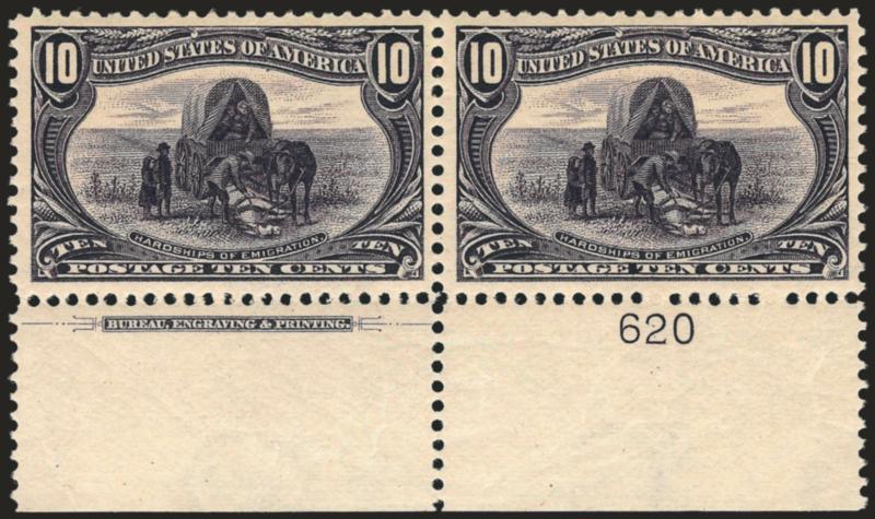 10c Trans-Mississippi (290).> Bottom imprint and plate no. 620 pair, original gum, left stamp h.r., right lightly hinged, fabulous wide margins and intense color, Extremely Fine