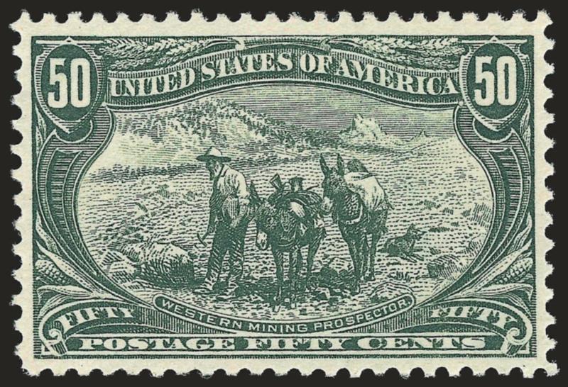 50c Trans-Mississippi (291).> Original gum, barest trace of hinging, exceptional centering and fabulous depth of color, Very Fine and choice, with 1986 and 2002 P.F. certificates