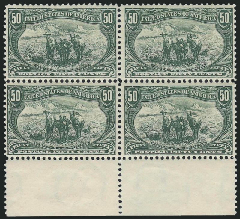 50c Trans-Mississippi (291).> Block of four with bottom sheet selvage, bottom pair Mint N.H., gorgeous deep rich color and bright fresh paper<><>^FINE-VERY FINE. A BEAUTIFUL SHEET-MARGIN BLOCK OF THE 5-CENT
TRANS-MISSISSIPPI ISSUE WITH TWO MINT NEV