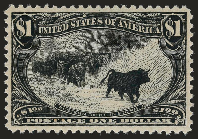 $1.00 Trans-Mississippi (292).> Original gum, lightly hinged, intense shade and proof-like impression on bright paper, unusually choice centering with wide margins<><>^EXTREMELY FINE. A SUPERB ORIGINAL-GUM
EXAMPLE OF THE $1.00 TRANS-MISSISSIPPI ISS
