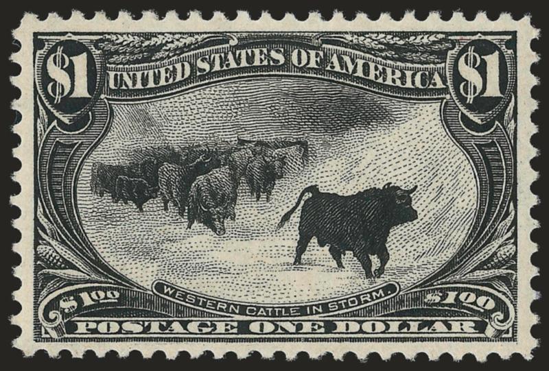 $1.00 Trans-Mississippi (292).> Original gum, lightly hinged, deep shade and proof-like impression, wide margins<><>^EXTREMELY FINE. A BEAUTIFUL ORIGINAL-GUM EXAMPLE OF THE $1.00 TRANS-MISSISSIPPI
ISSUE.^<><>With 2007 P.S.E. certificate (XF 90 S