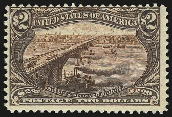$1.00, $2.00 Trans-Mississippi (292-293).> Mint N.H., $2.00 somewhat oxidized, bottom perfs touch on $1.00, perfs close but clear on the $2.00