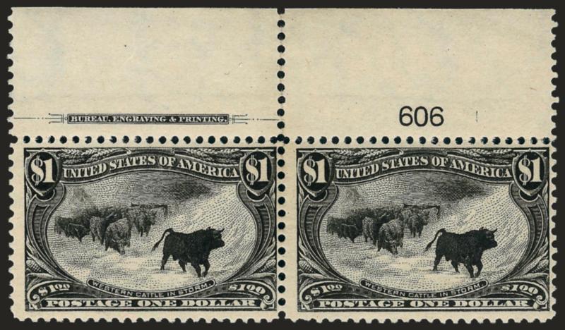 $1.00 Trans-Mississippi (292).> Top imprint and plate no. 606 pair, stamps Mint N.H. (there may have been some skillful separation strengthening on a couple perfs but no hinging), fresh, close two sides,
Fine