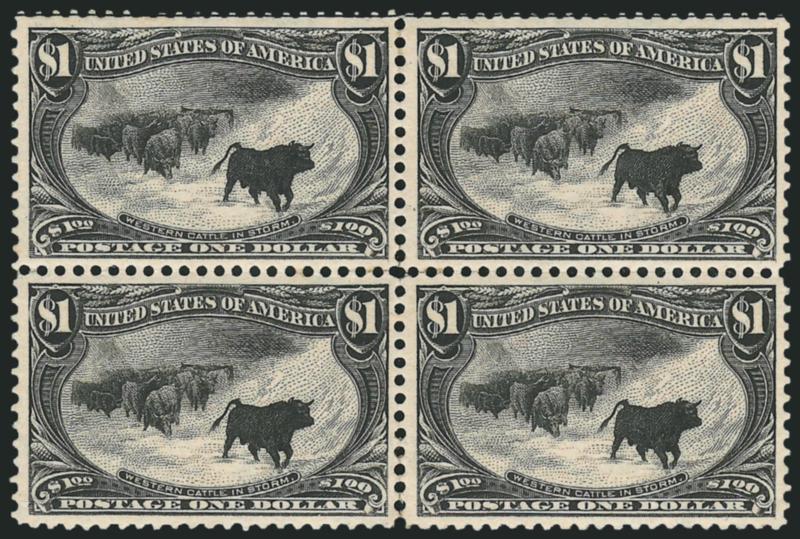 $1.00 Trans-Mississippi (292).> Block of four, original gum, exceptionally choice centering, deep shade and proof-like impression, couple faint tiny toned specks and strengthened perf separations<><>^VERY FINE.
A HANDSOME ORIGINAL-GUM BLOCK OF THE