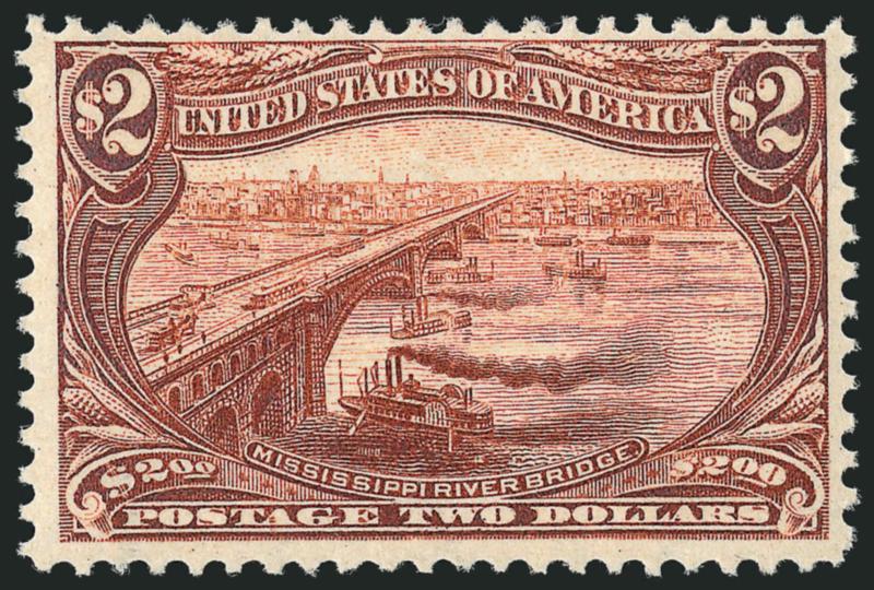 $2.00 Trans-Mississippi (293).> Mint N.H., bright color and detailed impression, fresh and Fine, scarce in Mint N.H. condition, with photo of strip of three (this is the center stamp)