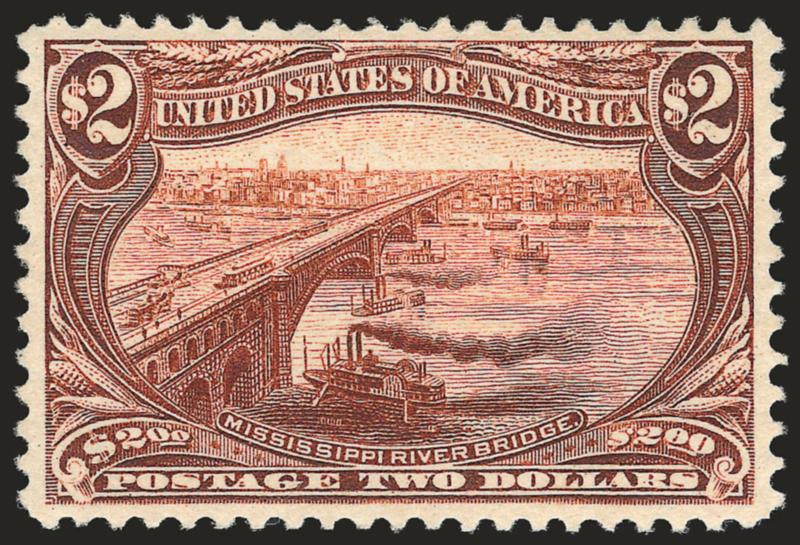 $2.00 Trans-Mississippi (293).> Original gum, lightly hinged, bright color, beautifully centered, intense color and wonderful detailed impression<><>^EXTREMELY FINE GEM. THE $2.00 IS THE MOST CHALLENGING OF THE
TRANS-MISSISSIPPI ISSUE TO OBTAIN IN