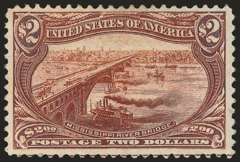 $2.00 Trans-Mississippi (293).> Original gum, lightly hinged, bright color<><>^VERY FINE AND CHOICE ORIGINAL-GUM EXAMPLE OF THE $2.00 TRANS-MISSISSIPPI ISSUE.^<><>With 2007 P.F. certificate
