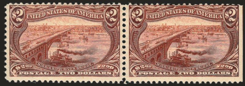 $2.00 Trans-Mississippi (293).> Horizontal pair, Mint N.H. except for tiny gum disturbance speck at top left of left stamp, natural s.e. at right, lovely unadulterated color, right stamp natural wrinkles,
otherwise Fine, Scott Retail as Mint N.H.