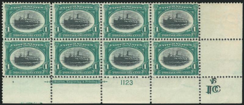 1c Pan-American (294).> Mint N.H. bottom right corner block of eight with imprint and plate no. 1123 and denomination marker in corner selvage, fresh and Fine-Very Fine