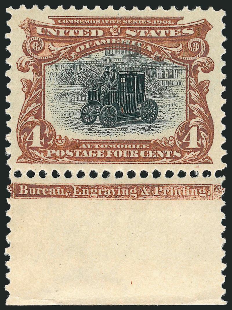4c Pan-American (296).> Mint N.H. with <bottom imprint selvage,> rich color and detailed impression, Jumbo margins all around and essentially perfect centering<><>^EXTREMELY FINE GEM. A SUPERB MINT NEVER-HINGED
EXAMPLE OF THE 4-CENT PAN-AMERICAN IS