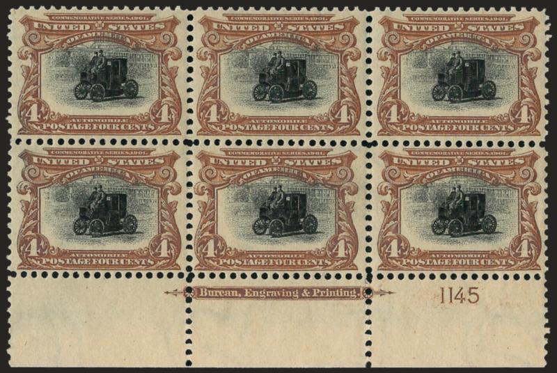 4c Pan-American (296).> Mint N.H. bottom imprint and plate no. 1145 block of six, strong colors and excellent centering<><>^EXTREMELY FINE. A BEAUTIFUL MINT NEVER-HINGED PLATE BLOCK OF THE 4-CENT PAN-AMERICAN
ISSUE.^<><>With 1998 P.F. certificate