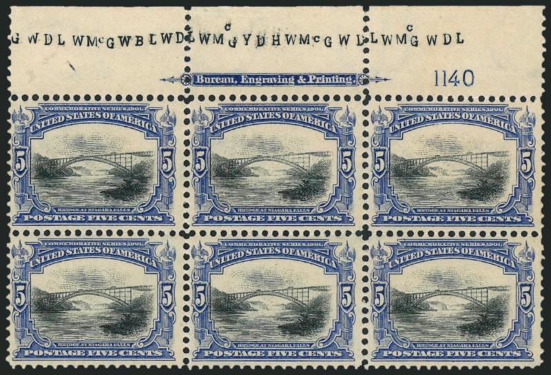 5c Pan-American (297).> Top imprint and plate no. 1140 block of six with plate initials across top, minor perf strengthening, Fine-Very Fine