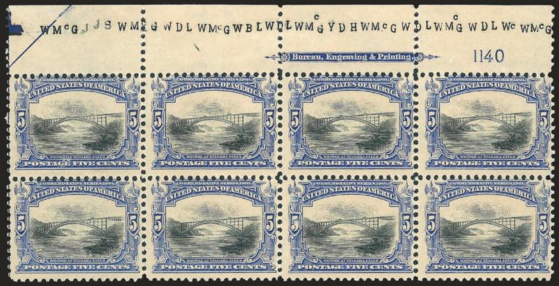5c Pan-American (297).> Top half arrow, imprint and plate no. 1140 block of eight, unused (no gum), Very Good, Scott Retail as original gum