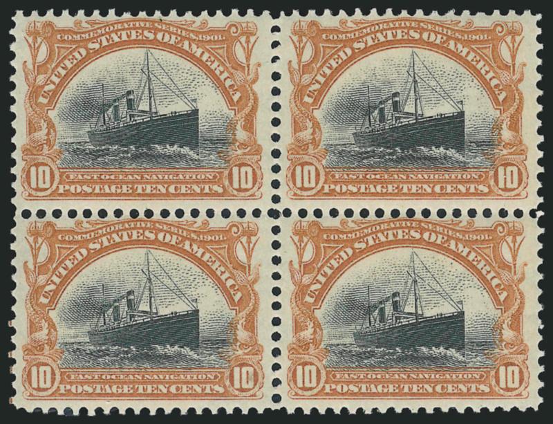 10c Pan-American (299).> Block of four, top right and bottom left stamps Mint N.H., rich colors, Fine-Very Fine, Scott Retail as singles