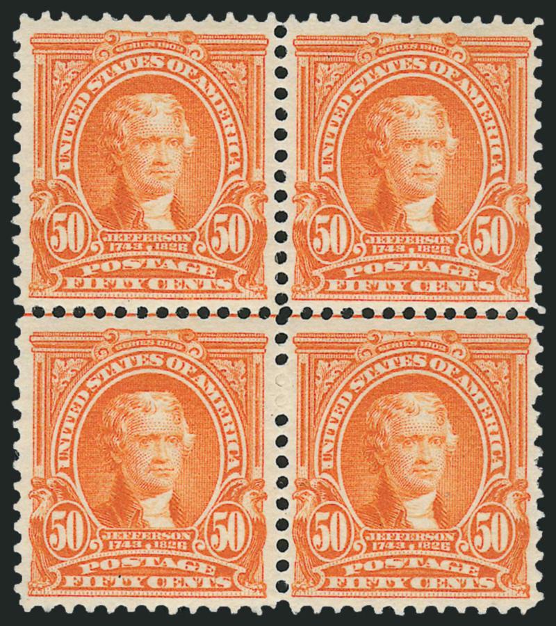 50c Orange (310).> Block of four with horizontal guideline, lightly hinged at center, vibrant color as fresh as the day it was printed, Very Fine and choice, with 1978 P.F. certificate