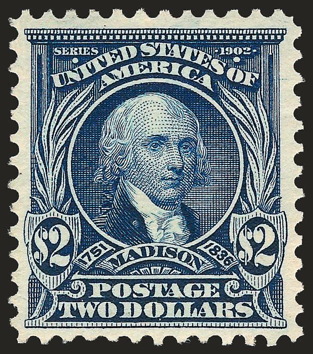 $2.00 Dark Blue (312).> Mint N.H., handsomely centered, beautiful deep color on bright paper<><>^VERY FINE AND CHOICE. A BEAUTIFUL MINT NEVER-HINGED EXAMPLE OF THE $2.00 1902 ISSUE.^<><>With 2007 P.S.E.
certificate (VF 80 SMQ $3,150.00)