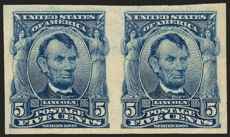 5c Blue, Imperforate (315).> Horizontal pair, large margins, lightly hinged, Very Fine and choice