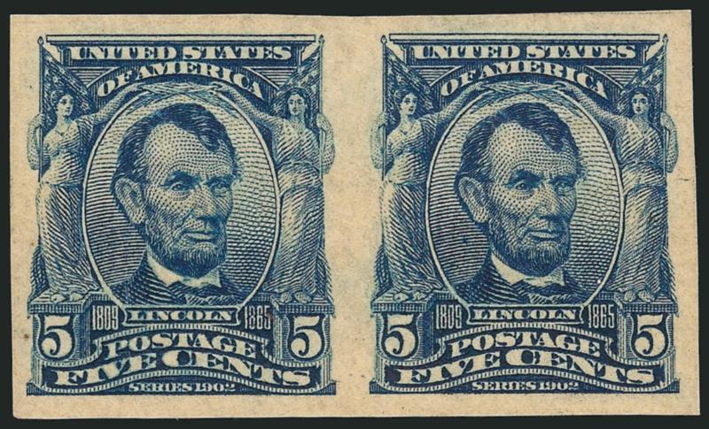 5c Blue, Imperforate (315).> Horizontal pair, large margins, rich color, barely hinged, Very Fine and choice