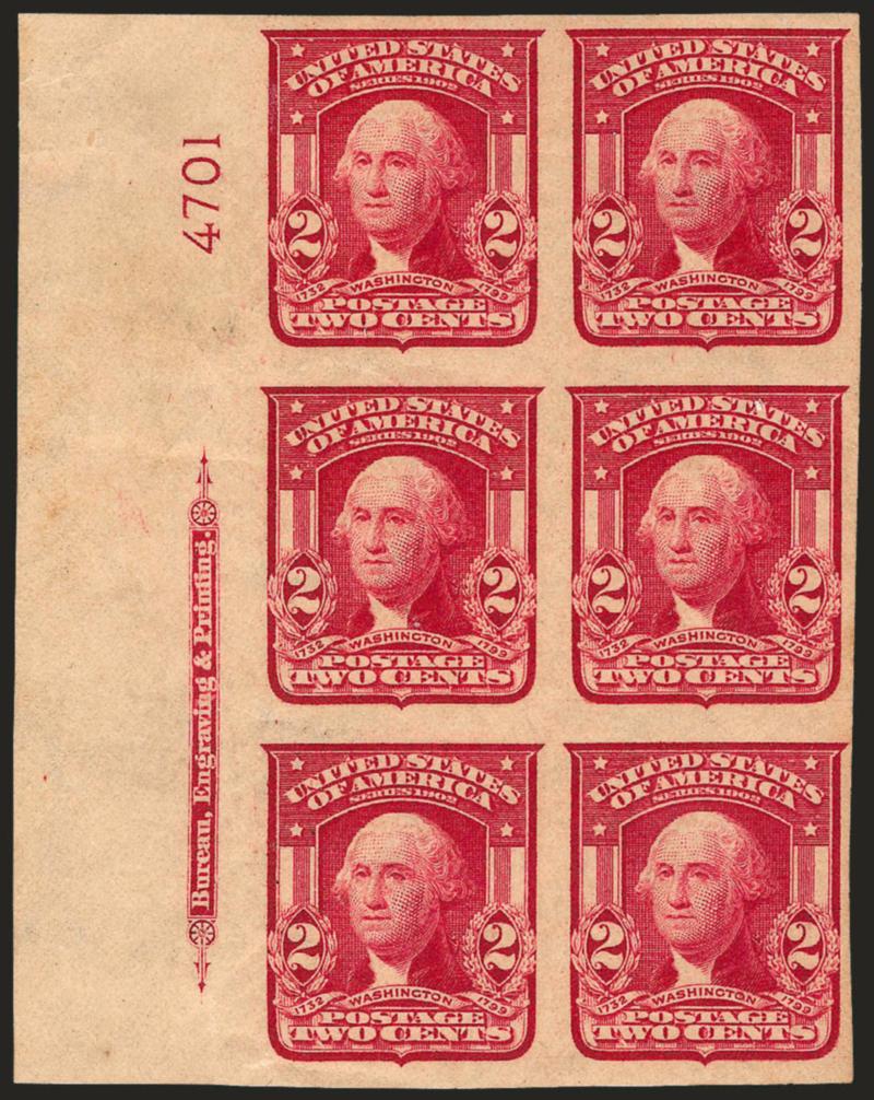 2c Lake, Ty. II, Imperforate (320a).> Mint N.H. left imprint and plate no. 4701 block of six, faint toning and minor soiling spot, otherwise Very Fine
