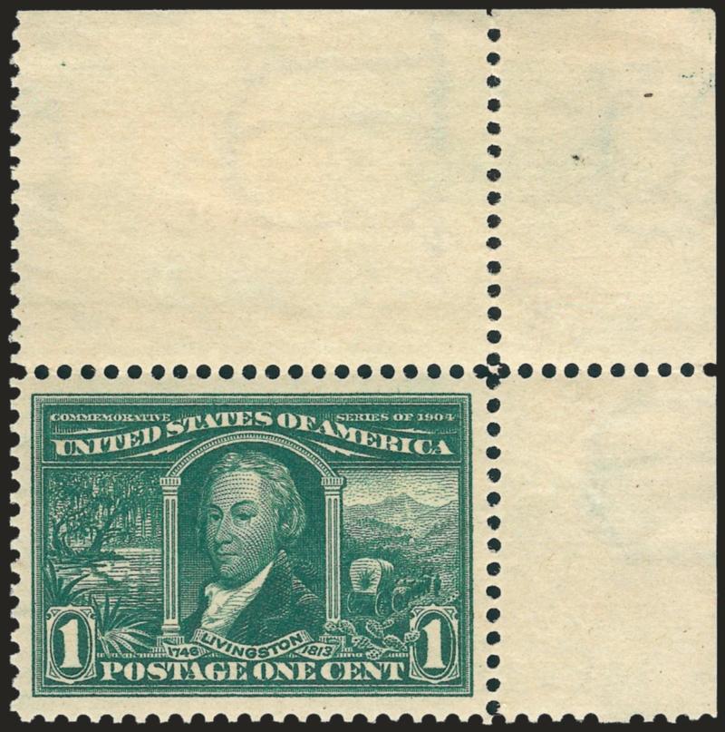 1c Louisiana Purchase (323).> Mint N.H. top right corner selvage single, essentially perfectly balanced Jumbo margins of unheard-of proportions for the issue, beautiful intense color on fresh white paper,
Extremely Fine Gem, with 2008 P.S.E. certific