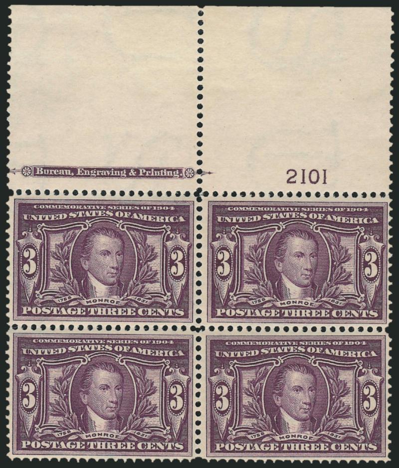 3c Louisiana Purchase (325).> Mint N.H. top imprint and plate no. 2101 block of four with wide selvage, deep rich color and detailed impression, Very Fine and choice