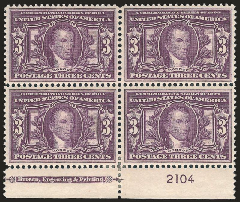3c Louisiana Purchase (325).> Bottom imprint and plate no. 2104 block of four, bottom pair small h.r., exceptionally well-centered, Very Fine