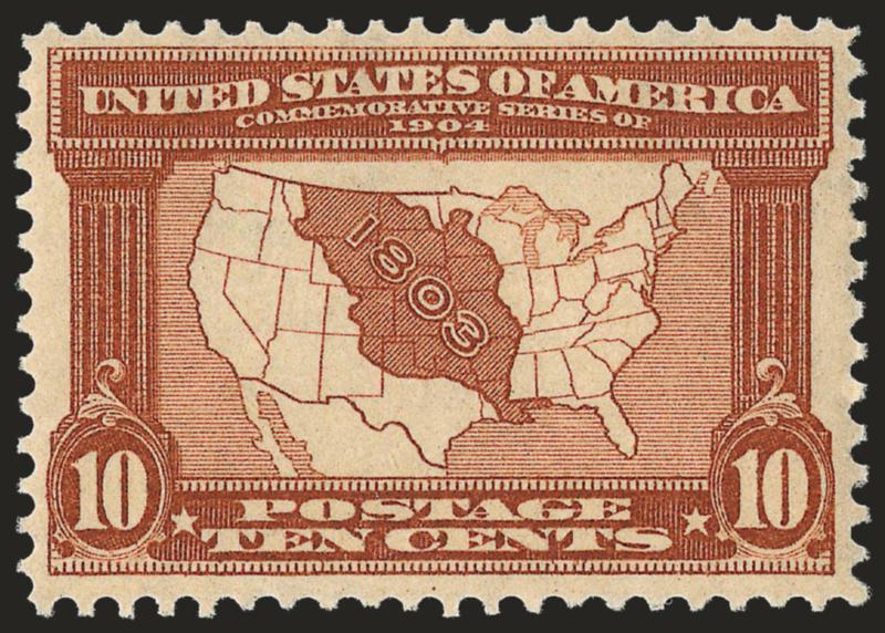 10c Louisiana Purchase (327).> Mint N.H., exceptionally well-centered, marvelous color and impression, Very Fine and choice, with 2001 P.F. certificate
