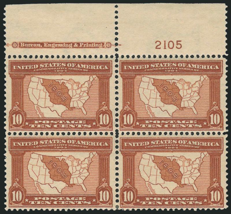 10c Louisiana Purchase (327).> Top imprint and plate no. 2105 block of four, top stamps Mint N.H., bottom stamps and selvage lightly hinged, Very Fine, a pretty plate block
