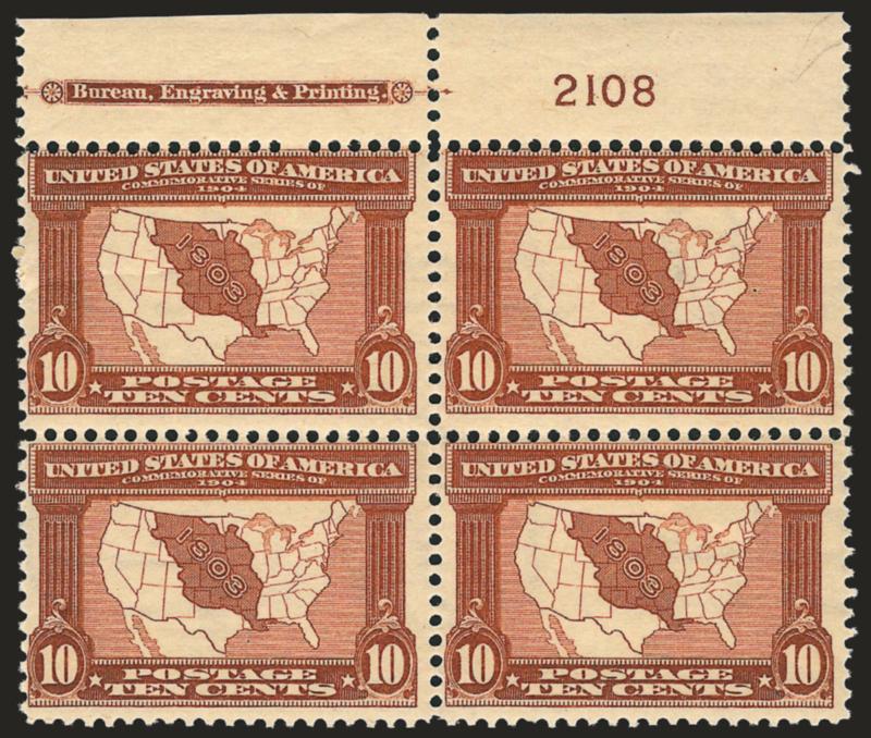 10c Louisiana Purchase (327).> Mint N.H. top imprint and plate no. 2108 block of four, selvage bit reduced, top left stamp natural wrinkle, otherwise Fine