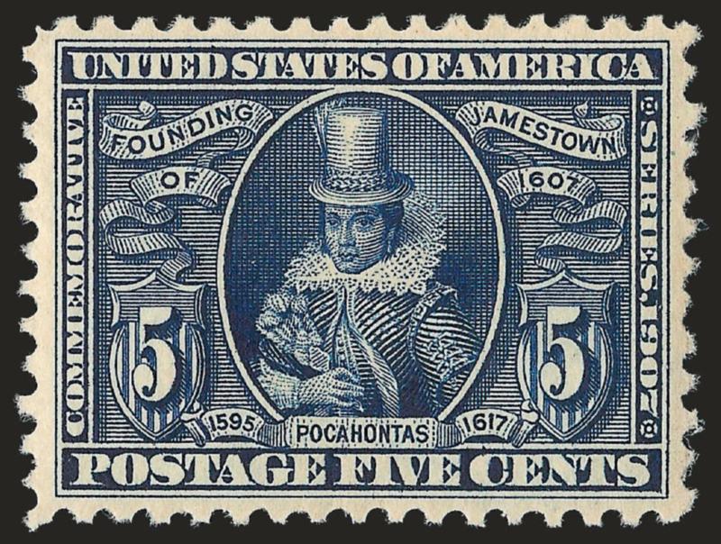 5c Jamestown (330).> Mint N.H., wide margins and almost perfectly centered, strong color and sharp impression, Extremely Fine, with 2007 P.S.E. certificate (VF-XF 85 SMQ $580.00)