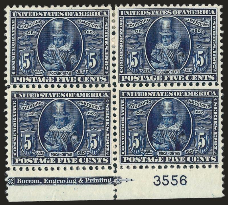 5c Jamestown (330).> Block of four with part bottom imprint and plate no. 3556 selvage, top pair h.r., bottom pair Mint N.H., Fine-Very Fine