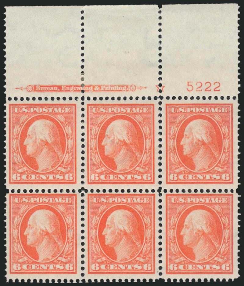 6c Red Orange (379).> Top imprint and plate no. 5222 block of six with wide selvage, stamps Mint N.H., small h.r. in selvage, vibrant color as fresh as the day it was printed, Very Fine, an attractive plate
block, Scott Retail as Mint N.H. singles