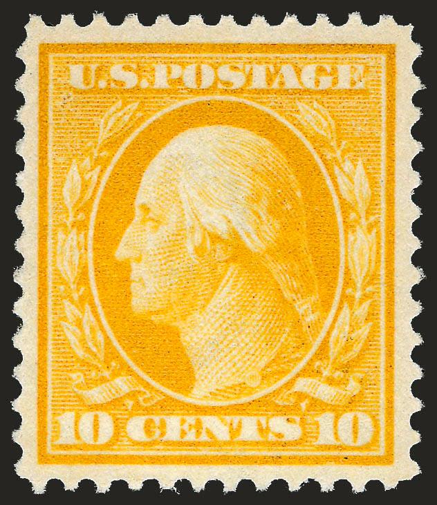 10c Yellow (381).> Mint N.H., exceptionally well-centered, vivid color on bright paper, Extremely Fine, with 2008 P.S.E. certificate (XF 90 SMQ $800.00)