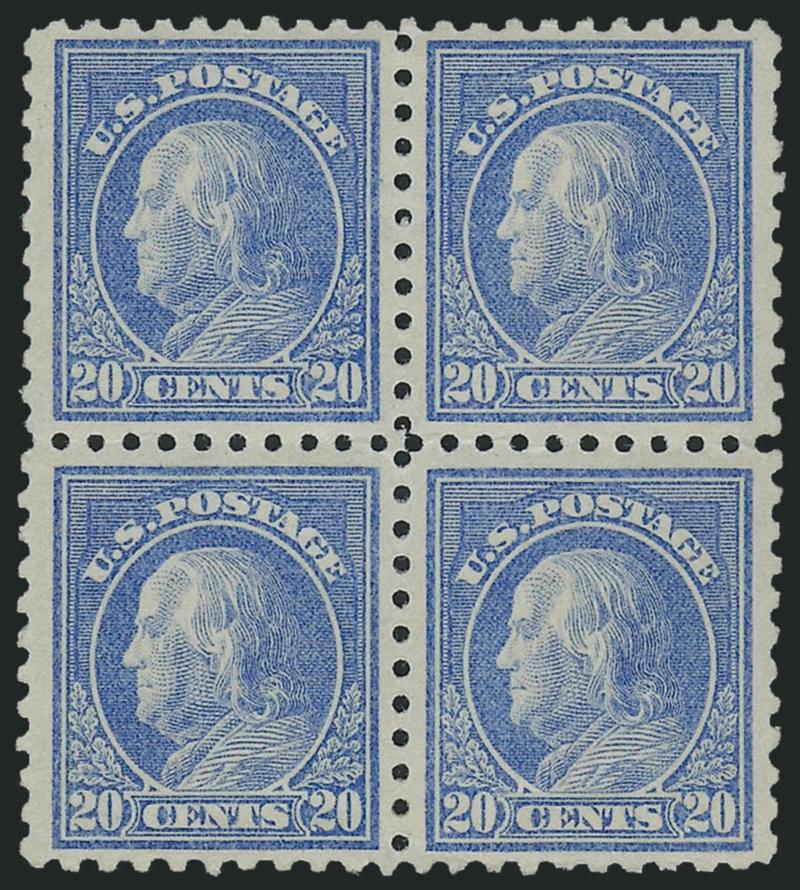 20c Ultramarine (438).> Block of four, brilliant color, lightly hinged, accompanying certificate harshly describes top left stamp with disturbed original gum, from hinge removal which is nothing more than a
hinge mark, brilliant color, Very Fine and