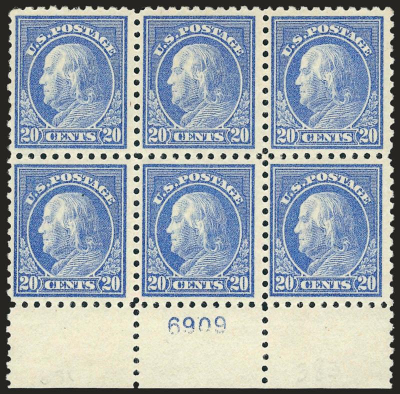 20c Ultramarine (438).> Bottom plate no. 6909 block of six, stamps at bottom left and bottom right Mint N.H., radiant color on post-office fresh paper<><>^FRESH AND VERY FINE PLATE BLOCK OF THE 20-CENT PERF 10
UNWATERMARKED ISSUE, SCOTT 438.^<><>