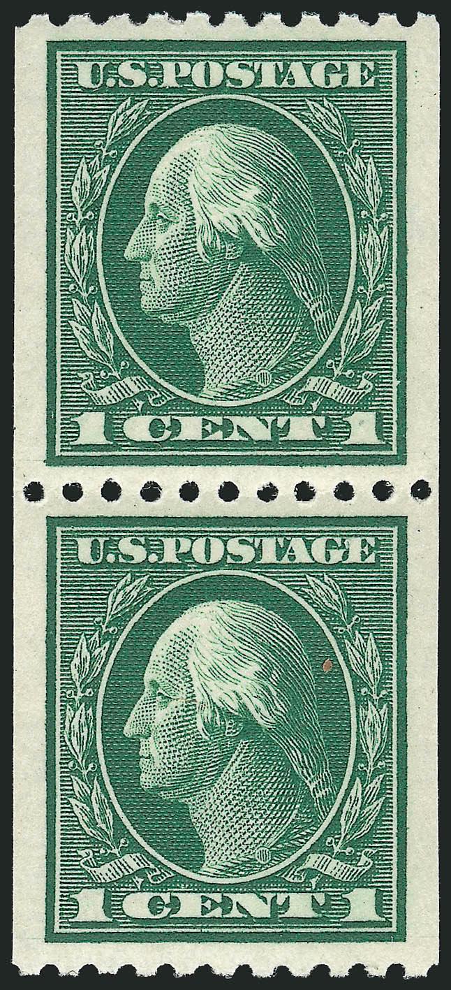 1c Green, Coil (441).> Mint N.H., impeccably centered Jumbo pair with wide side margins, magnificent color and impression, Extremely Fine Gem, with 2008 P.S.E. certificate (Superb 98 Jumbo SMQ $185.00 as 98,
unpriced in SMQ above the grade of 98)
