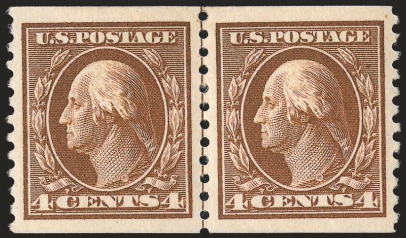 4c Brown, Coil (446).> Guide line pair, lightly hinged, Jumbo margins, rich color on crisp paper<><>^EXTREMELY FINE GEM. A MAGNIFICENT NEVER-HINGED GUIDE LINE PAIR OF THE 1914 4-CENT PERF 10 SINGLE-LINE
WATERMARK COIL, SCOTT 446.^<><>With 2007 P.