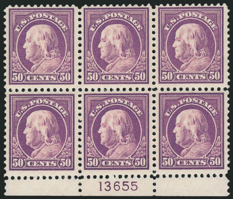 50c Red Violet (517).> Mint N.H. bottom plate no. 13655 block of six, deep rich color on bright paper<><>^FINE-VERY FINE. A SCARCE MINT NEVER-HINGED PLATE BLOCK OF THE 50-CENT PERF 11 FRANKLIN, SCOTT
517.^<><>We have only offered two others since