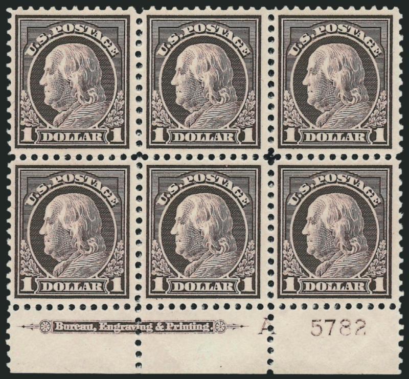 $1.00 Violet Brown (518).> Mint N.H. bottom imprint, plate no. 5782 and letter A block of six, deep rich color and proof-like impression, choice centering, Very Fine, an attractive Mint N.H. plate
block