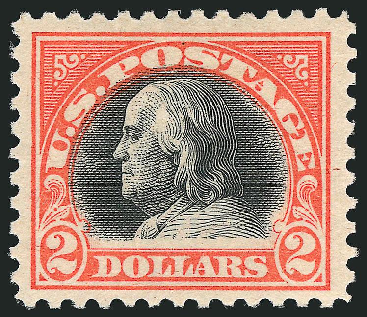$2.00 Orange Red & Black (523).> Pretty shade, three wide margins, natural fiber inclusion on back, Very Fine