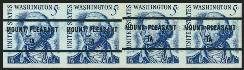 5c Washington Coil, Imperforate (1304e).> Strip of four, large margins to full, Mount Pleasant IA precancels, Very Fine, scarce