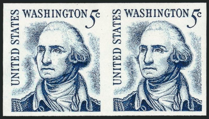5c Washington Coil, Imperforate (1304Cd).> Mint N.H. pair, brilliant color, large margins, Very Fine and choice
