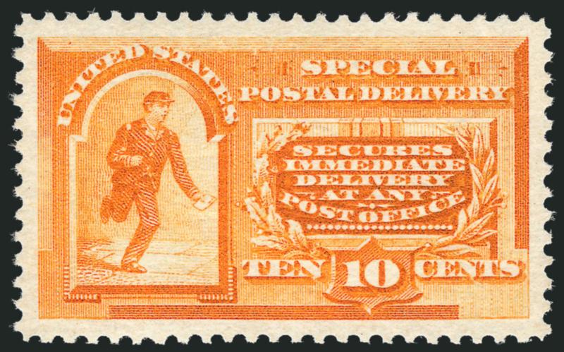 10c Orange, Special Delivery (E3).> Original gum, lightly hinged, brilliant color, perfectly centered with Jumbo margins<><>^EXTREMELY FINE GEM. A SUPERB ORIGINAL-GUM EXAMPLE OF THE 10-CENT ORANGE SPECIAL
DELIVERY, WHICH HAS BEEN GRADED SUPERB 98 J