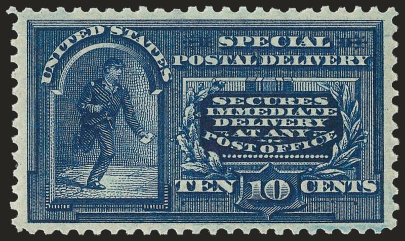 10c Blue, Special Delivery (E5).> Mint N.H., very well-centered, fresh and crisp, a scarce stamp in this condition, Extremely Fine, with 2008 P.F. certificate (XF 90 SMQ $1,300.00)