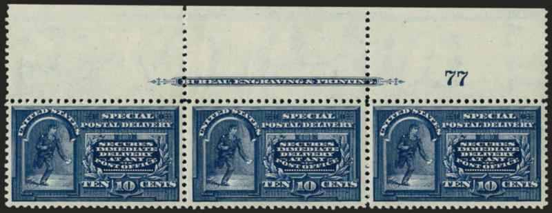 10c Blue, Special Delivery (E5).> Mint N.H. top imprint and plate no. 77 strip of three, fresh, intense color on bright paper, Very Fine, with 2008 P.S.E. certificate