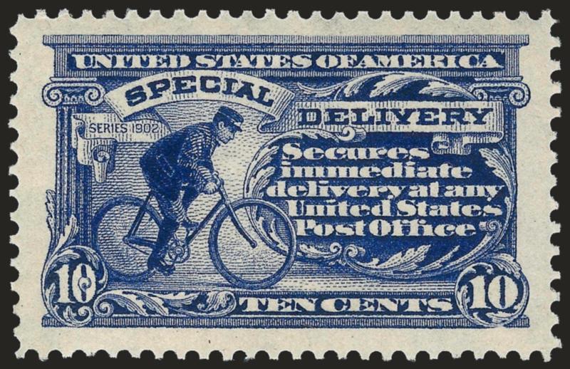 10c Dark Ultramarine, Special Delivery (E8).> Mint N.H., fabulous Jumbo margins and essentially flawlessly centered, magnificent deep rich color and clear impression<><>^EXTREMELY FINE GEM. AN IDEAL EXAMPLE OF
THE 1911 10-CENT ULTRAMARINE SPECIAL D
